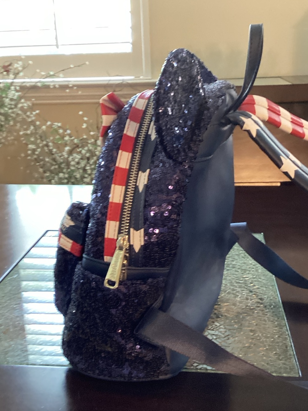 Disney navy blue Sequin Minnie Ear Backpack with Red White Blue Bow - Picture 4 of 9